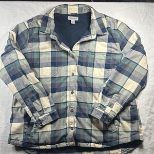 Carhartt Men's Blue and Cream Plaid Fleece Lined Shirt